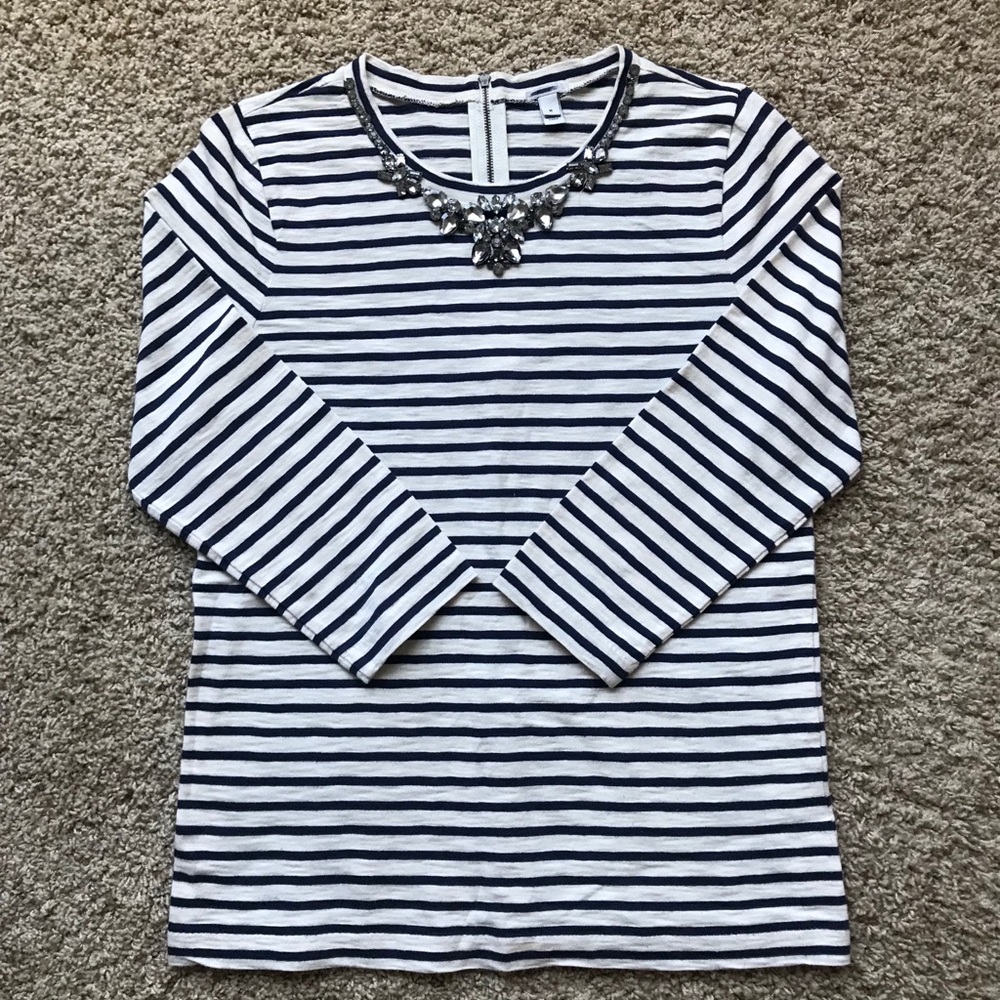 Striped Jeweled Neckline T-shirt